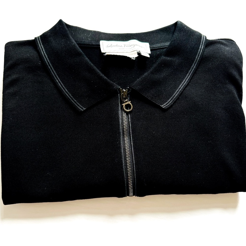 Salvatore Ferragamo Black Cotton Pique Logo Polo Shirt with Logo 3/4 Zipper XXL - Picture 3 of 13